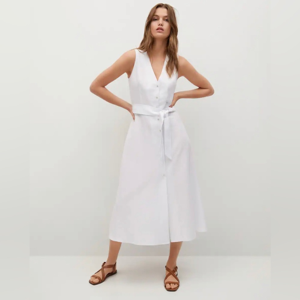 Mango White Linen Belted Dress